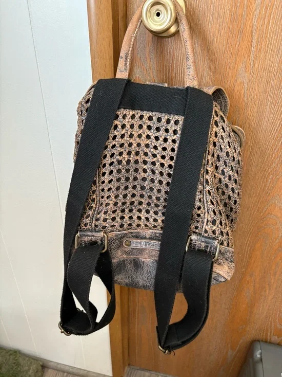 Bed Stu Distressed Brown and Tan Leather Woven Backpack - Picture 3 of 7